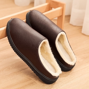 室内居家棉拖鞋 男女冬季 加绒加厚保暖皮面软底防滑舒适半拖鞋