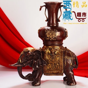 西藏红手工打造雕刻格桑花大象驼吉祥八宝鎏金花瓶家居摆件一对