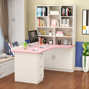 粉色实木转角书桌书架组合卧室电脑桌家用简约学生书柜一体学习桌