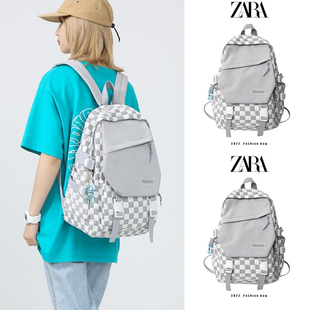 ZARI女包2022新款 时尚 女士夏季 白色棋盘格双肩包男女学生通用背包