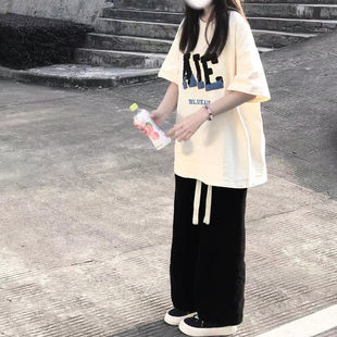 宽松 短袖 夏季 女学生T恤韩版 休闲直筒裤 时尚 套装 两件套潮 2023爆款