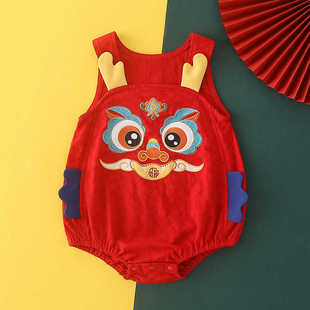薄款 中国风男宝宝周岁礼服红色百天连体衣 新生婴儿满月包屁衣夏季