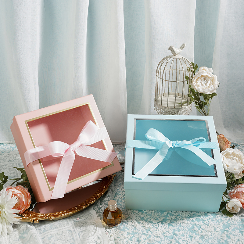 正方形ins礼品盒粉色透明礼盒包装 衣服母婴情人节伴手礼盒小清新