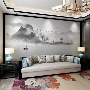 新中式 意境水墨山水沙发卧室客厅影视墙壁画电视背景墙壁纸壁画