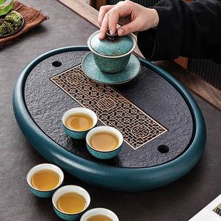 椭圆形茶盘陶瓷乌金石茶台现代简约家用小型储水乾泡排水石头托盘