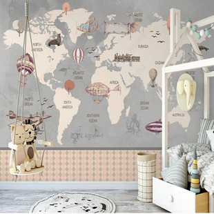 北欧手绘航海热气球卡通儿童房墙布男女孩卧室动物壁纸幼儿园壁画