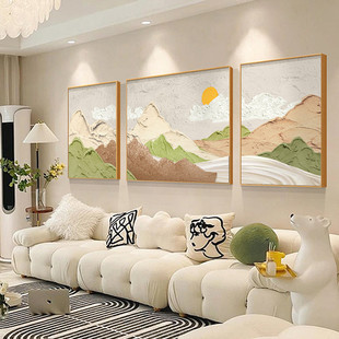 北欧风沙发背景墙装 饰画山水画客厅挂画现代简约肌理抽象三联壁画