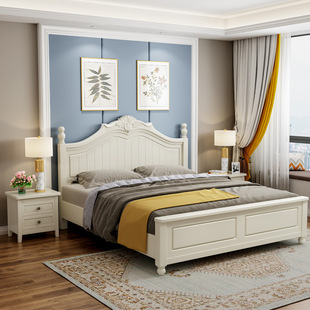 韩式 田园白色实木床现代简约主卧1.8双人床1.5储物经济型床 美式