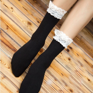 洛丽塔袜子冬日系韩国女袜中筒袜森系蕾丝花边中筒袜纯棉堆堆袜