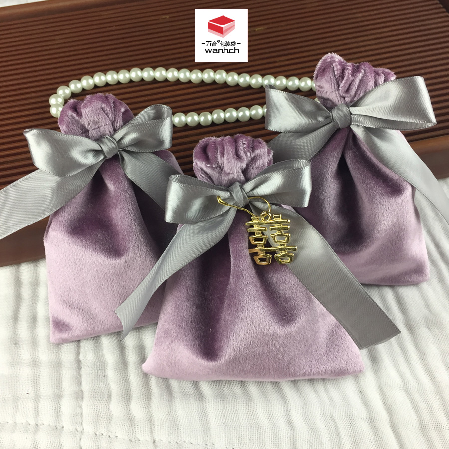 紫色丝绒布袋 婚庆喜糖袋 结婚伴手礼回礼福袋丝带束口装 礼盒布袋