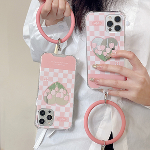 粉色郁金香适用苹果13promax手机壳iphone12格子11手环xs镜面女XR