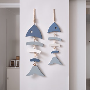 木质蓝白鱼串挂件海洋风家居装 饰品蓝白小鱼墙壁饰挂饰 地中海风格