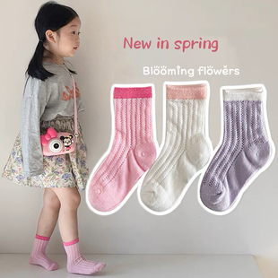 新款 女童薄袜子儿童纯棉网孔网眼中筒长袜宝宝袜子 春夏季
