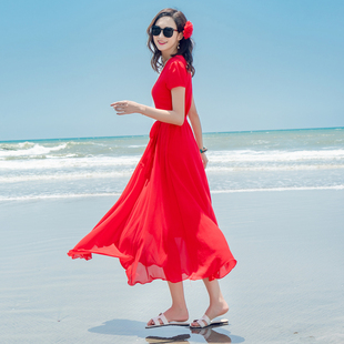 夏季 雪纺连衣裙海边度假海南三亚裙显瘦时尚 气质红色短袖 沙滩长裙