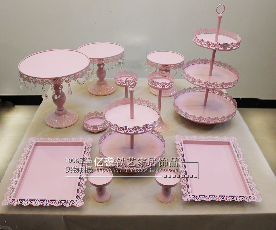 铁艺蛋糕架甜品台摆件铁艺点心架12件套装 粉色蛋糕盘婚庆道具欧式