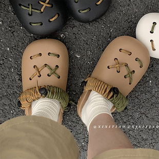 复古中性风洞洞鞋 男女夏日系个性 细细条 带包头沙滩鞋 潮 外穿DIY鞋