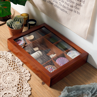 木制复古风中式 防尘化妆品桌面收纳盒盲盒展示架手账娃娃陈列柜