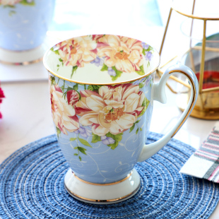 杯子陶瓷创意欧式 马克杯带盖大容量骨瓷水杯早餐杯牛奶轻奢咖啡杯