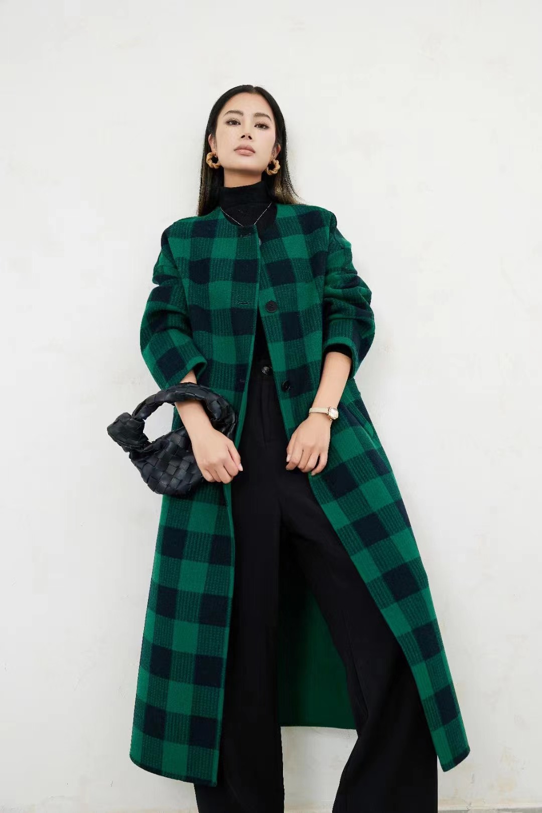 2023秋冬新款 双面羊毛羊绒外套女气质时尚 中长款 绿色格子呢子大衣