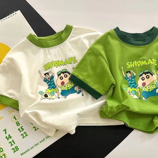 卡通印花潮 绿色白色时髦洋气纯棉T恤短袖 韩版 2024新款 童装