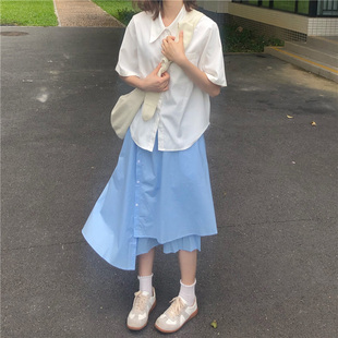 不规则夏季 日系a字裙 自制小众设计感天蓝色半身裙超仙女学生个性