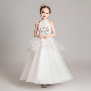 小女孩公主裙女童白色模特走秀洋气花童儿童主持人礼服钢琴演出服