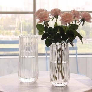 北欧玻璃花瓶透明 竖纹 创意客厅插花玫瑰百合鲜花家用装 饰摆件