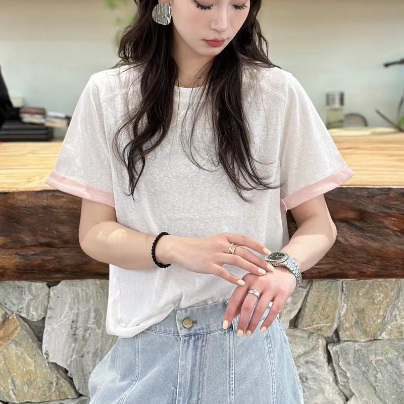 新款 韩版 春季 撞色短袖 女装 T恤上衣 设计感小众圆领百搭宽松打底衫