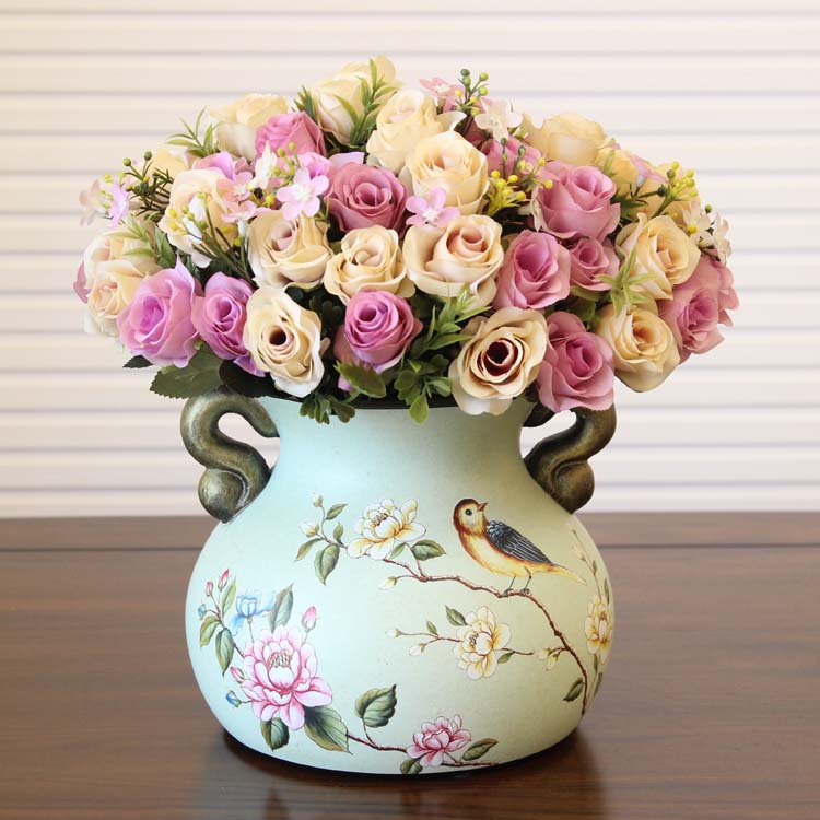 饰餐桌茶几摆设工艺品 装 田园双耳花瓶创意陶瓷花瓶 简约美式 欧式