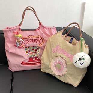 日本ball chain甜甜圈刺绣购物袋牛津布袋尼龙手提袋大容量单肩包
