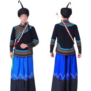 蓝色机绣花新郎伴郎传统复古少数民族服装 摄影 凉山彝族服饰男套装