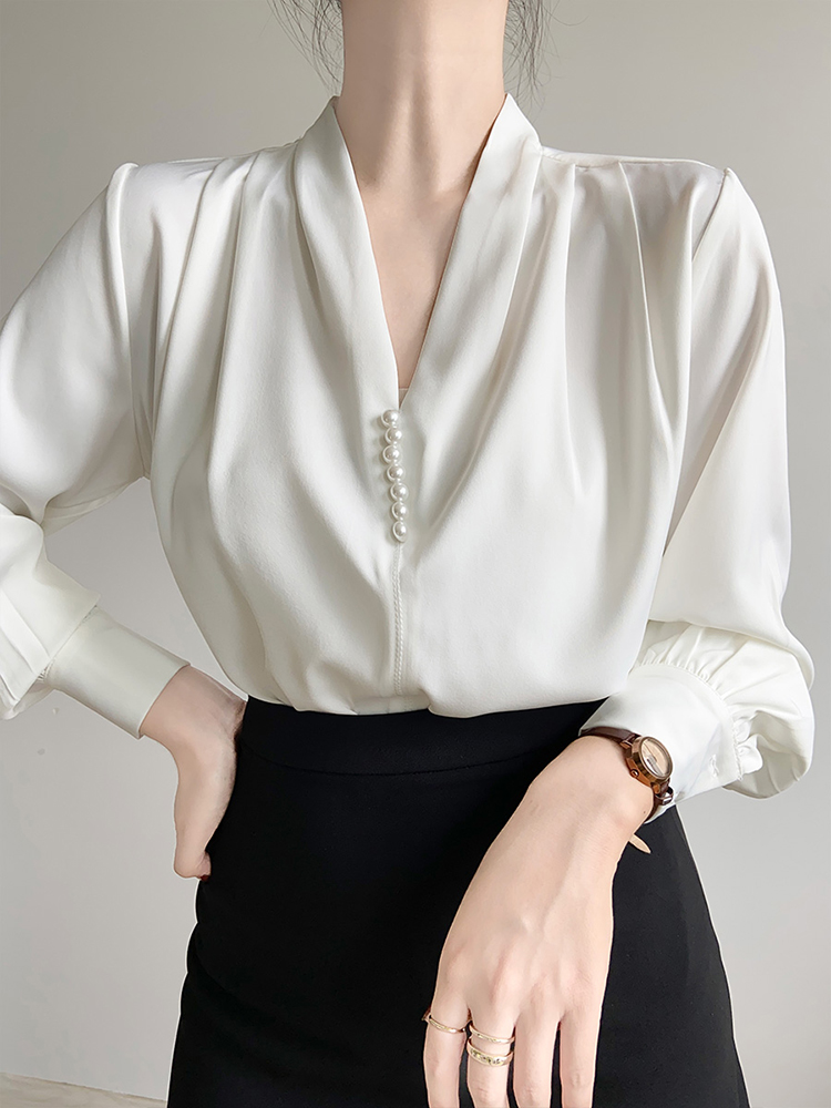 法式 高级感V领白色衬衫 大码 设计感通勤职业长袖 上衣 女胖mm灯笼袖