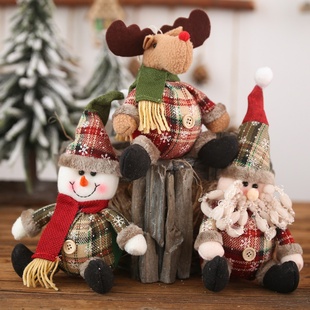 H新款 圣诞节装 饰品 格子布纽扣球形圣诞挂件胖雪人麋鹿小摆件