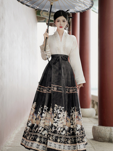 中国风重工 衫 汉元 提花马面裙上衣女衬衣套装 素黑色绣花防晒衬长袖