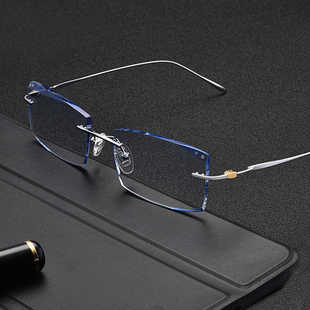 近镜眼镜男无框纯钛眼镜框切边眼镜商务超轻成品变色近视镜防蓝光