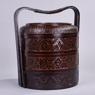 中式 复古竹编食盒竹漆器手提篮单层多层收纳盒茶点盒提篮茶礼盒