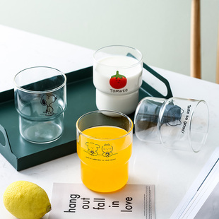 透明耐热玻璃史努比早餐杯创意简约牛奶杯果汁饮料杯家用冷热水杯