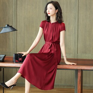 红色重磅真丝连衣裙2024新款 夏季 年轻款 高端杭州桑蚕丝绸中长裙子
