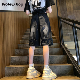 男夏季 男士 ProteusBoy牛仔短裤 机能拉链直筒宽松休闲五分中裤 美式
