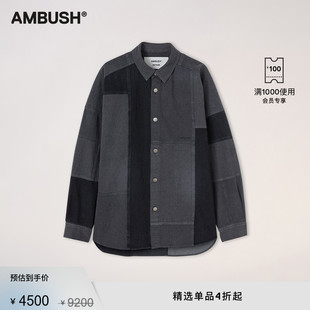 AMBUSH男士 黑色LOGO刺绣拼接补丁牛仔长袖 衬衫 外套