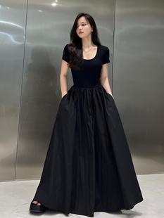 连衣裙2023新款 旅游穿搭法式 黑色短袖 修身 显瘦长裙 气质拖地裙夏季