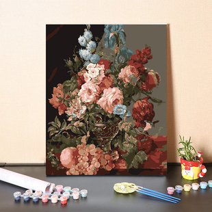 复古花卉手绘涂色客厅装 饰丙烯油彩画画 数字油画diy手工填充欧式