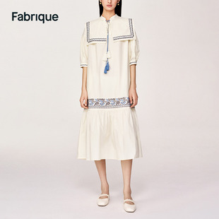 Fabrique 可拆卸方领刺绣连衣裙2023夏季 新款 长裙海军领连衣裙女