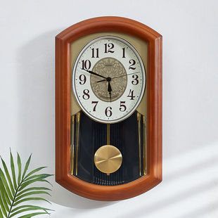 时钟挂墙整点报时高档中式 静音石英钟表 实木挂钟客厅家用复古欧式