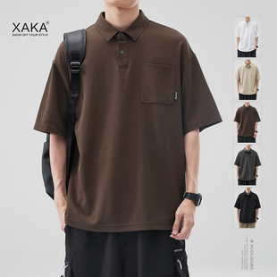 潮牌t恤翻领口袋半袖 男宽松美式 XAKA 短袖 新款 夏季 重磅纯色polo衫