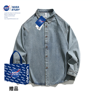 复古长袖 衬衫 NASA联名港风男生外套美式 新款 百搭宽松休闲上衣 春季