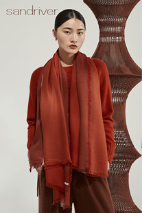 沙涓Sandriver 条纹撞色羊绒披肩围巾时尚 新款 枫叶红高端山羊绒