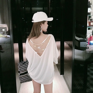 露背不规则设计感宽松链条短袖 T恤女2024夏季 中长款 中袖 上衣 韩版