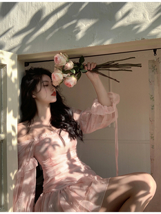 长袖 连衣裙女春季 Nininio 粉色印花收腰方领气质法式 茶歇裙 新款