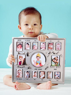 欧式 宝宝周岁相框冲印照片金属长方形横版 礼盒装 蓝色粉色生s日布